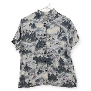 Iolani Hawaiian Shirt Womens Large Gray Scenic Rayon Mandarin Collar Blouse